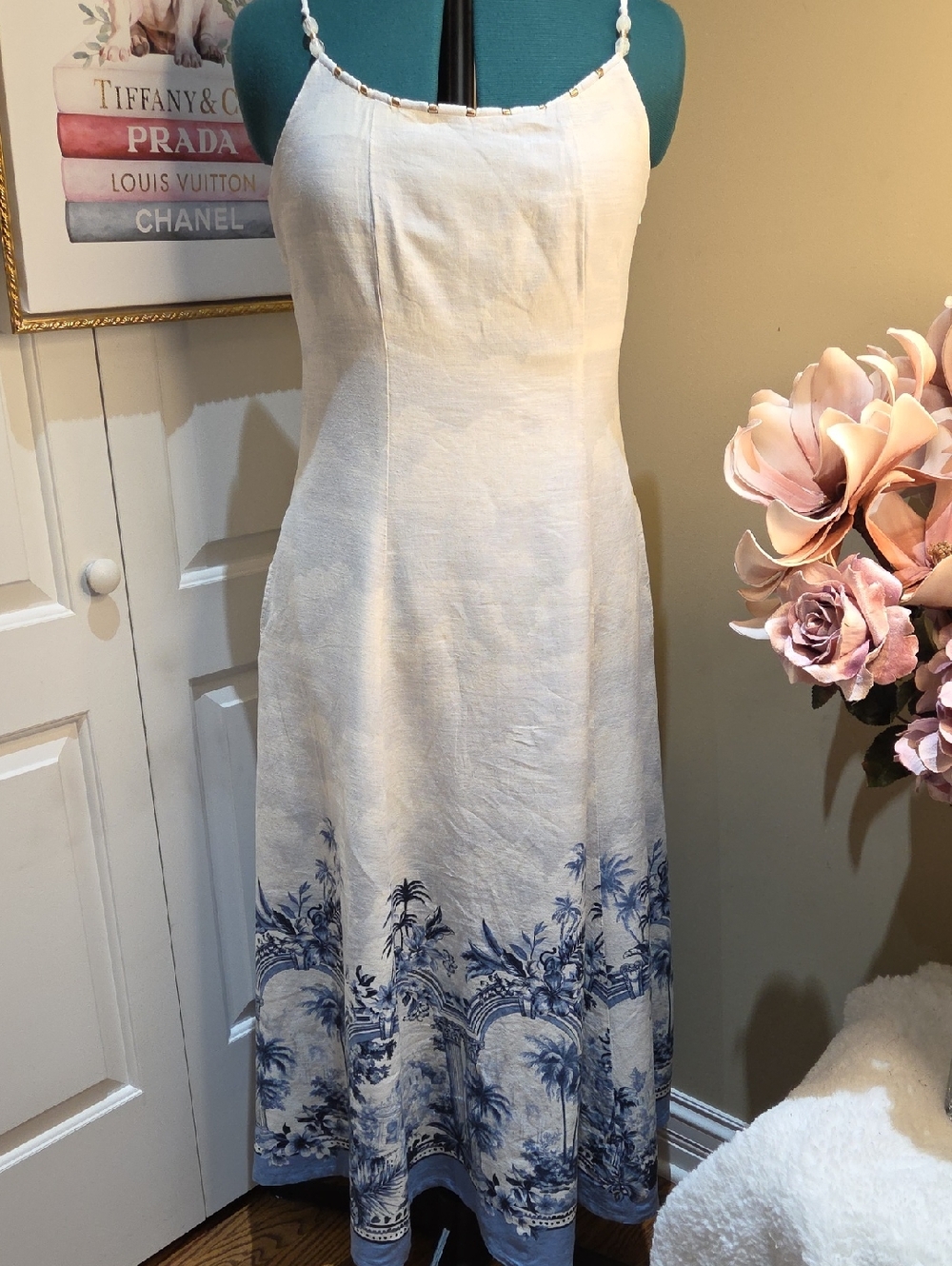 Nwt 8 & 6 & 4 Rachel Zoe White Linen Maxi Dress with Blue Scenic Hem - Picture 2 of 16